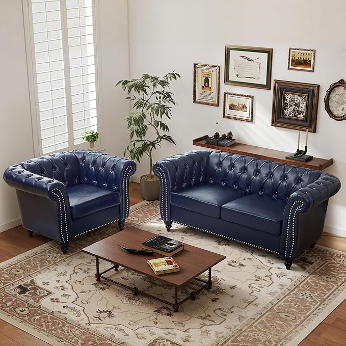 AVZEAR Leather Upholstered Armchair Single Sofa Chair with Rolled Arms and Nailhead Mid-Century Modern Tufted PU Chesterfield Chair for Living Room Bedroom Office Apartment PU Blue
