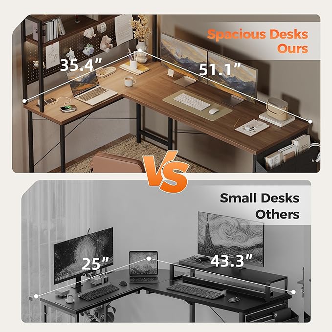 Mericonia 50 inch Large L Shaped Desk with Pegboard Hutch &amp Shelves Corner Gaming Desk with Power Outlet LED Light &amp Storage Bag Reversible Computer Desk for Home Bedroom Office Workspace