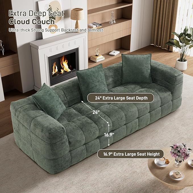 89.8 Boneless CouchComfy Cloud Sectional Sofa with Deep SeatModern Upholstered Chenille Love Seat Sofa Oversized Couches for Living Room No Assembly Required Tufted Sofas Green