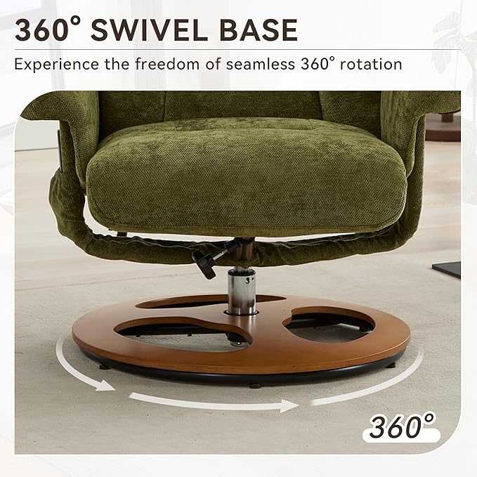 FOXHUNTER Chenille Recliner Chair with Ottoman Modern Massage Swivel Lounge 360° Swivel Rocker Recliner Comfy Modern Accent Arm Chairs for Living Room Bedroom (ChenilleGreen)