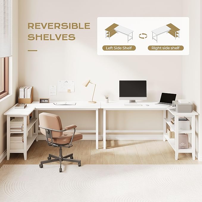 IOTXY Reversible L-Shaped Office Desk - 53 Modern Corner Computer Table with Storage Shelves Solid Wood Legs Home Writing &amp Study Workstation White