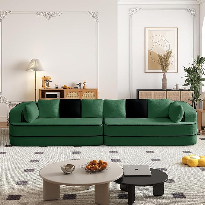 4 Seater Modular Sectional Boneless Couch with Throw PillowsModern Foam Boneless Sofa for Living Room Teddy Fabric Oversized with Deep Seat Green Sofa
