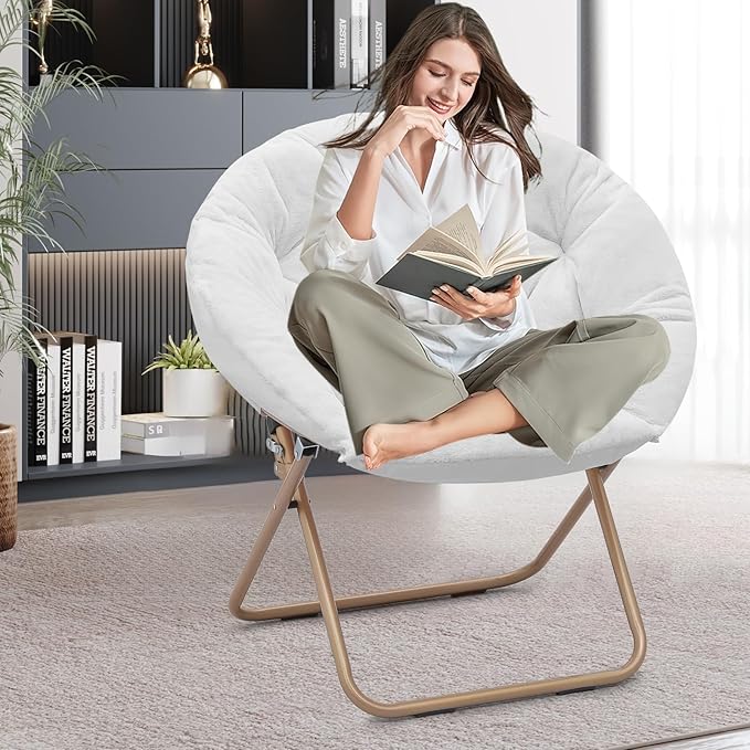 Foldable Oversized Moon Chairs Set of 2 Large Soft Lazy Cozy Comfortable Faux Fur Round Saucer Moon Chairs Set of 2 for Teens and Adults White