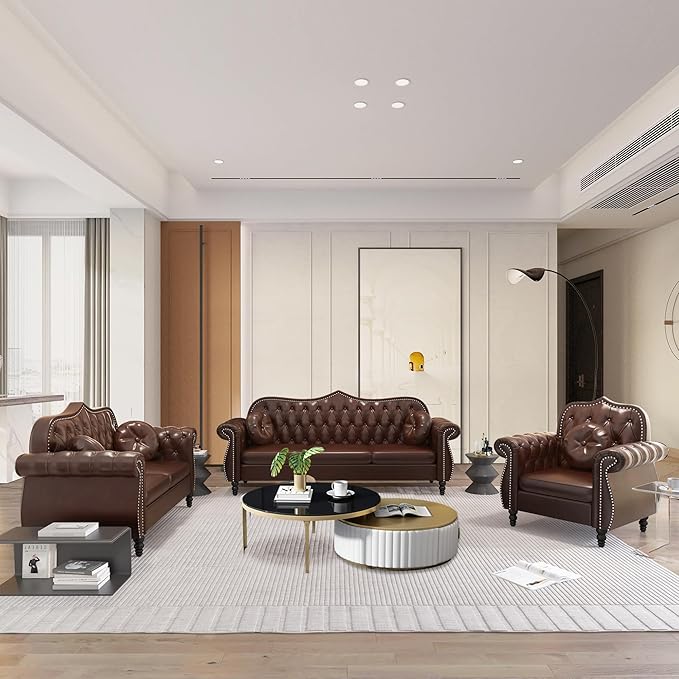 AVZEAR 82 Three Seater Sofa Chesterfield Sofa Mid-Century Modern PU Upholstered Sofa Deep Button Tufted Living Room Sofa with Two Throw Pillows Brown