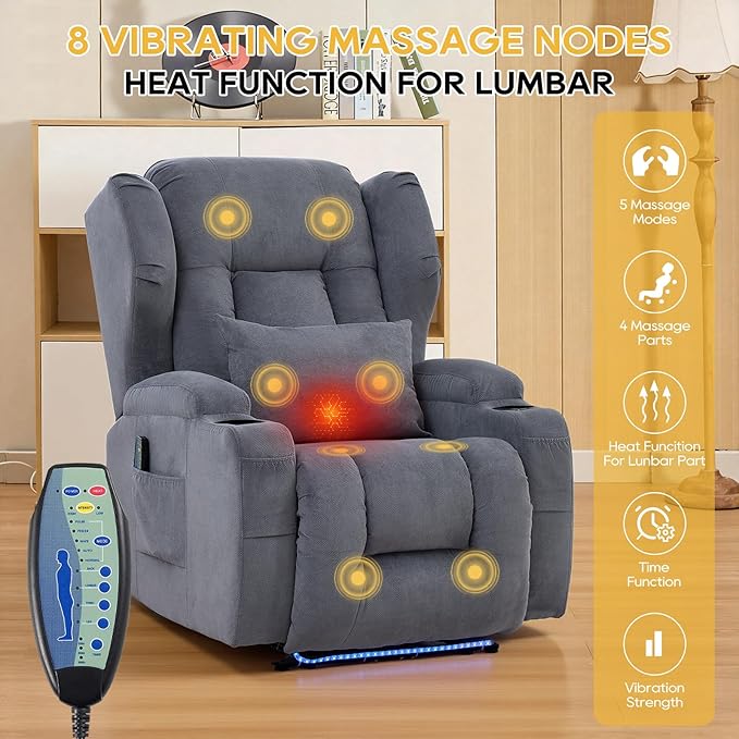 IPKIG Power Recliner Chair with Massage and Heat Electric Recliner for Living Room Home Theater Bedroom with LED Lights USB Charger Cup Holders Side Pockets &amp Lumbar Pillow (2 Grey)