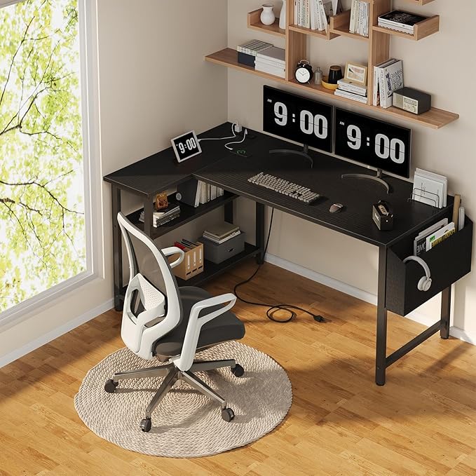 Lufeiya L Shaped Computer Desk with Power Outlet Shelves 47 Inch Corner Desk for Home Office Bedroom L-Shaped Study Writing Working PC Desks Black
