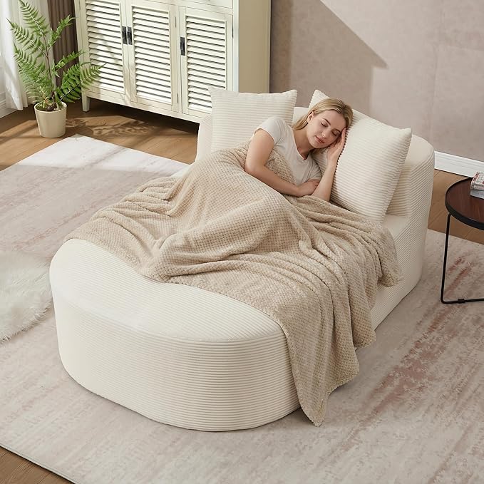 46 Chaise Lounge Chair Indoor Cloud Sleeper Sofa Bed with Pillows Corduroy Upholstered Sofa Couch for Living Room Apart No Assembly Required Beige