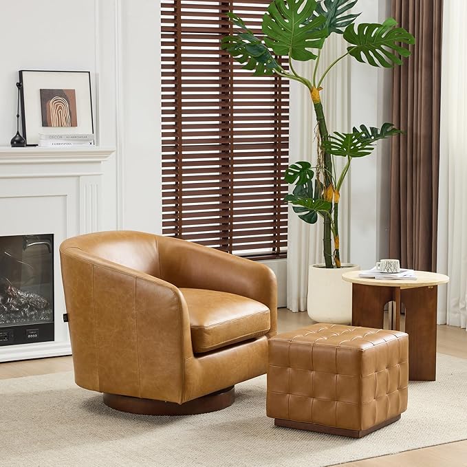 AEDI Oil-Wax Leather Swivel Chair &amp Ottoman Set Modern Barrel Accent Chair Camel