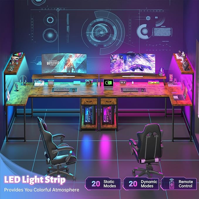 EnHomee 53 Inch Computer Desk with Power OutletGaming Desk with LED LightReversible Office Desk with Hutch &amp Monitor Stand L Shaped Corner Desk with Drawers &amp HooksHome Office Writing Desk
