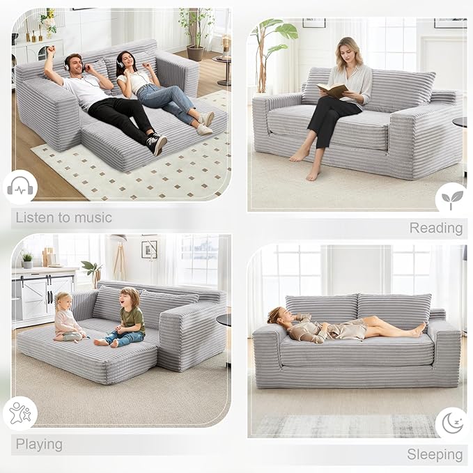 GNIXUU Corduroy Cloud Loveseat Sofa 2 in 1 Convertible Sleeper Sofa with Fixed-Shape Frame Comfy Folding Boneless Love Seat Couches for Living Room Apartment Small Spaces Grey