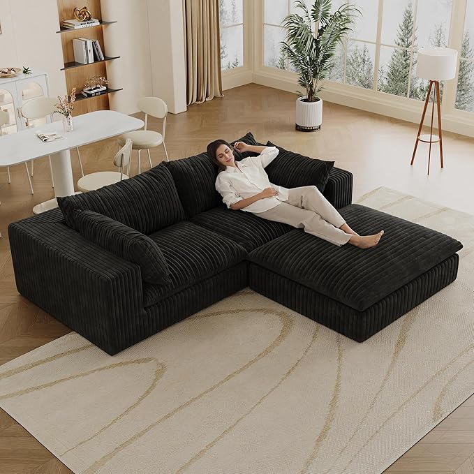 78.7 L Shaped Modular Sectional Sofa Cloud Couch with OttomanPlush Corduroy Couches for ApartmentNo Assembly RequiredBlack