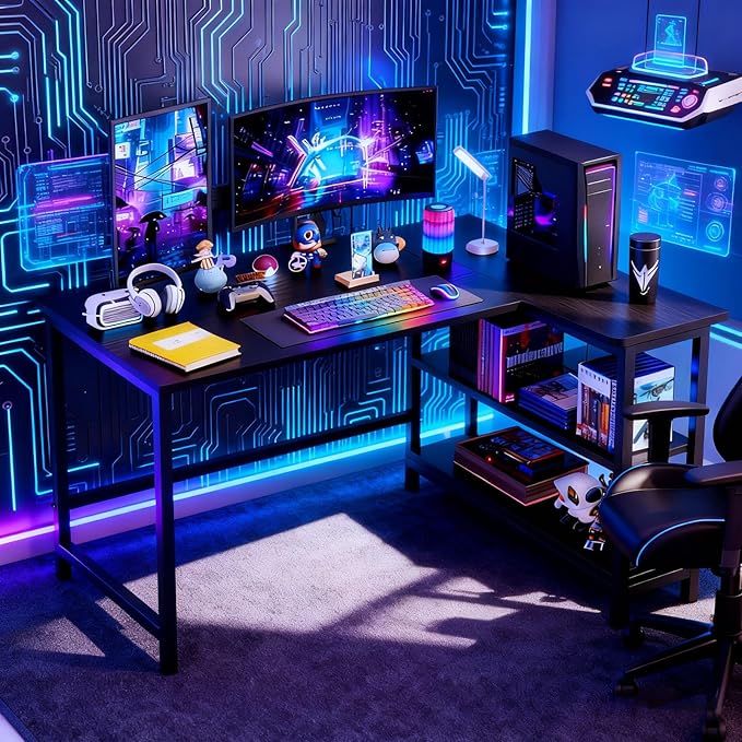43Inch Corner Computer Desk Gaming Desk with Reversible Storage Shelves Left/RightSmall L Shaped Desk with 2-Tier Shelves &amp Adjustable Feet Pad for Home Office Gaming (43 Inch)