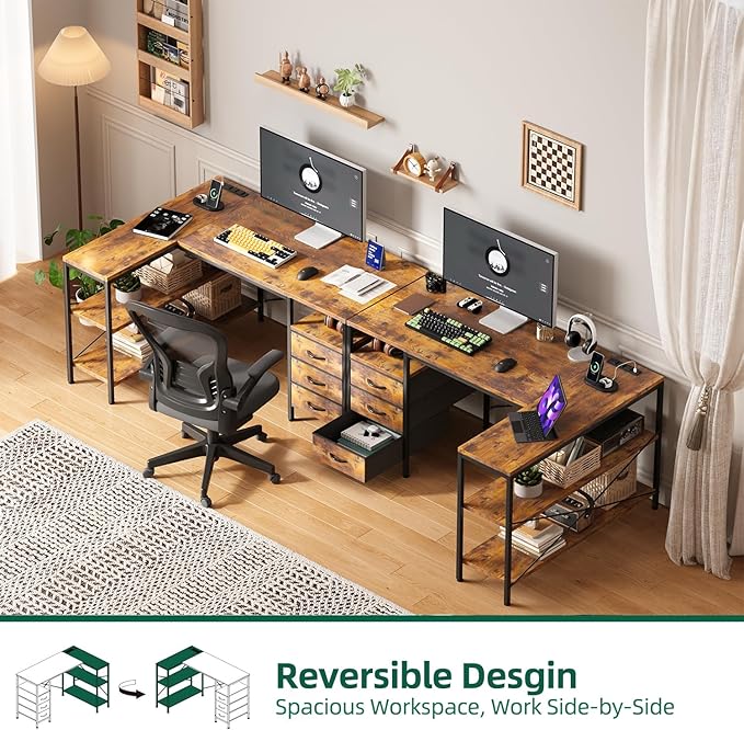 MUTUN L Shaped Computer Desk with 3 Drawers &amp Power Outlets 47 Inch Corner Desk with Reversible Storage Shelves PC Table for Home Office Bedroom (Rustic Brown 47 Inch)