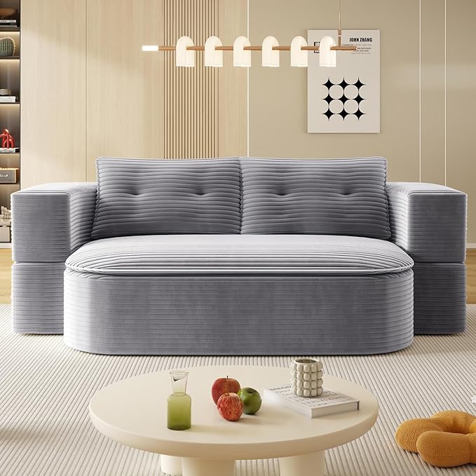 78.7 Convertible Foldable Floor CouchComfy Portable Fold Out Lounge with Functional Blanket and 2 Soft PillowsCorduroy Loveseat CouchSleep Sofa Bed for Living RoomBedroom(Light Grey)
