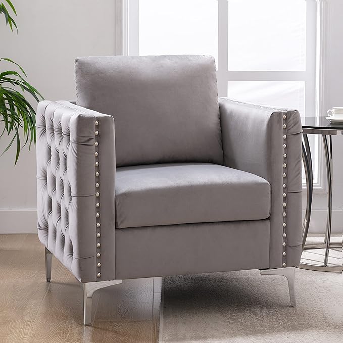 Modern Velvet Armchair Tufted Button Accent Chair Club Chair with Steel Legs for Living Room BedroomGrey