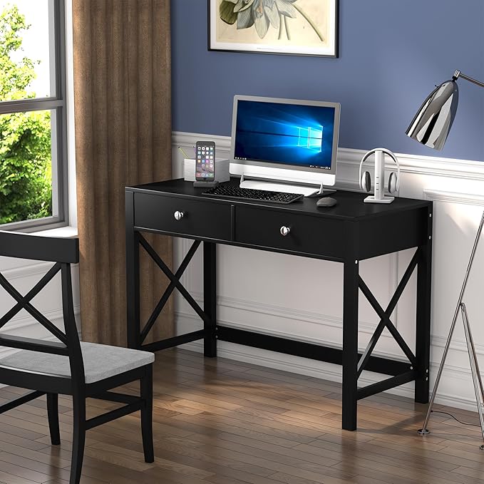 WiberWi Home Office Desk with Drawers Black Modern Writing Computer Desk Small Makeup Vanity Table for Bedroom Study Table for Home Office