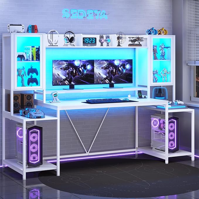 SEDETA Gaming Desk 74.8'' with LED Lights Hutch and Storage Shelves Computer Desk with Monitor Stand Large PC Gamer Desk Workstation Ergonomic Gaming Table for Bedroom Living Room White