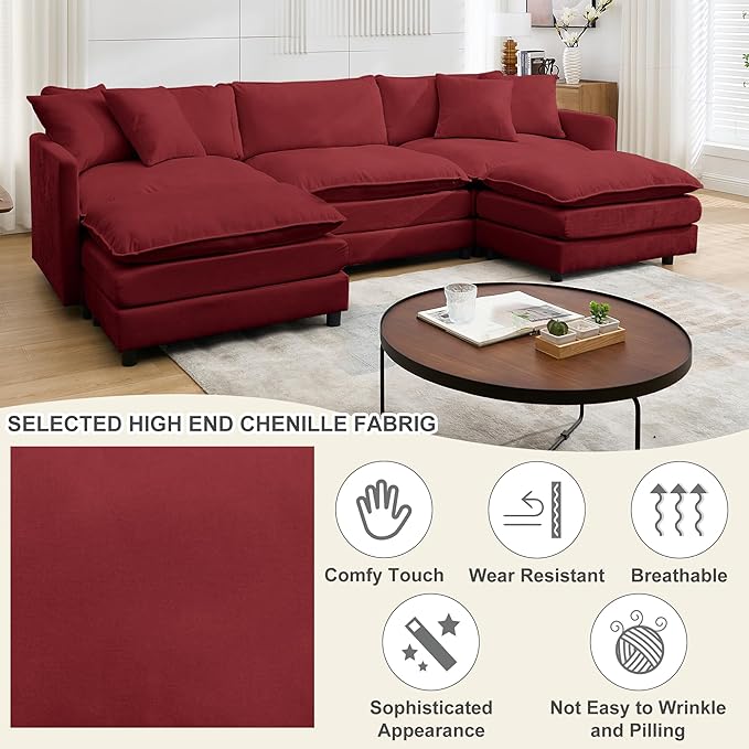 Modular Sectional Sofa Convertible U Shaped Cloud Couch with Memory Foam Comfy Modular Sofa with Ottomans Chenille Fabric for Living Room