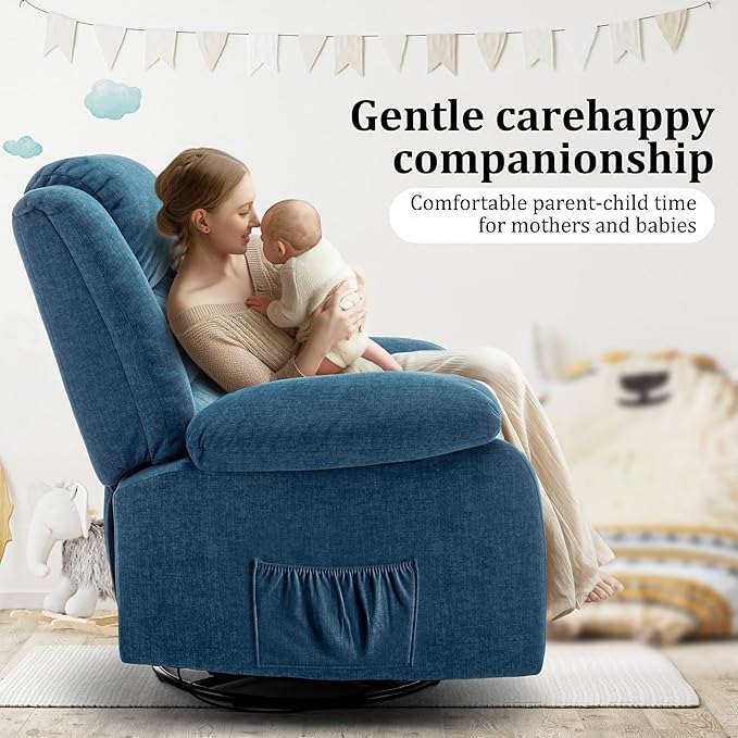 Recliner Chair Wide Rocker Chair Rocking Chair with Massage and Heat360°Swivel Nursery Rocking Chairs Oversized Recliner for Adults Cashmere Reclining Sofa for Living Room Blue
