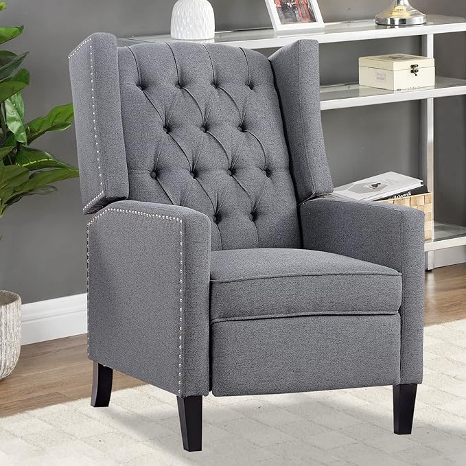 Grey Mid Century Modern Recliner Wingback Accent Chair with Push Back Mechanism Button Tufted Fabric Sofa &amp Nailhead Trim - Comfy Living Room Seating for Home Theater Office
