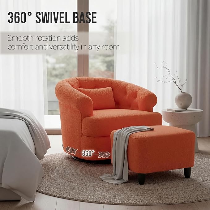 Barrel Swivel Accent Chair - Modern Comfy Boucle Armchair with Ottoman Round Upholstered Sofa Lounge Chairs Set for Living Room Bedroom Reading Corner Small Spaces (Orange)