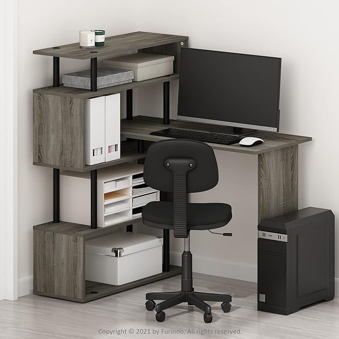 Furinno Moore L-Shape Computer Desk with 5-Tier Shelves French Oak