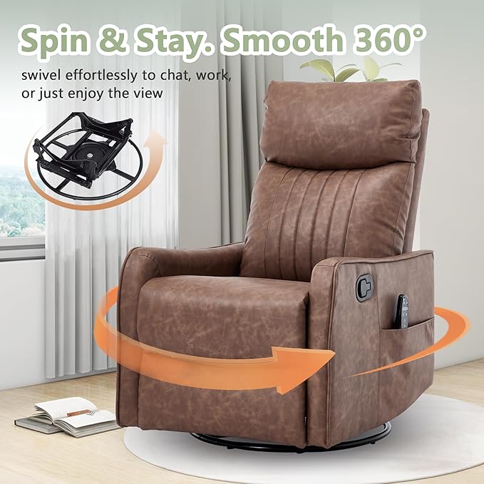 cinkehome Swivel Rocker Recliner Glider Rocker Recliner Chair for Nursery Manual Reclining Chair with Heated Massage Small Spaces Living Room Faux Leather Light Brown