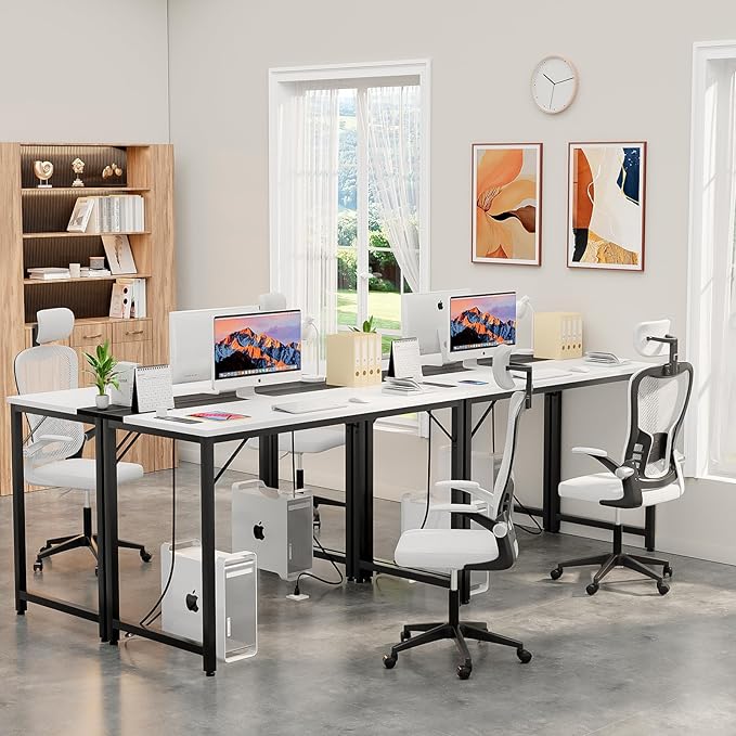 55 Inch Computer Desks with Power Outlets and USB Charging Ports Modern Office Desk for Small Spaces Sturdy Laptop PC Gaming Writing Table for Students White and Black