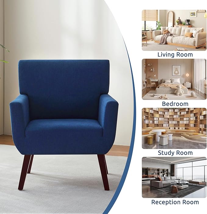 Upholstered Accent ChairMid Century Modern Office Fabric Small Living Room Chair with ArmComfy Wingback Armchair for Bedroom Reading Dark Blue