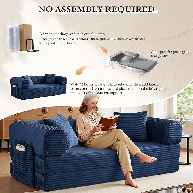 Boneless Couch Folding Couches for Living Room Sofa Futon Sofa Bed with Sleeper Sofa Futon Couch with Fixed-Shape Oversized Corduroy Upholstered (Blue 81 Inches)