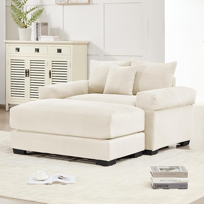 ERYE Modern Corduroy Upholstered Accent Chair and Ottoman Set Oversized Wider Seat Armchair Leisure Comfy Lounge Chaise with Removable CushionArmrests and 3 Pillows