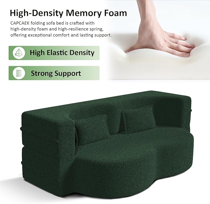 Convertible Folding Foam Sofa Bed15 Full Size Floor Sleeper Couch Futon Loveseat Sofa for Living Room Bedroom No Assembly Required (Green)