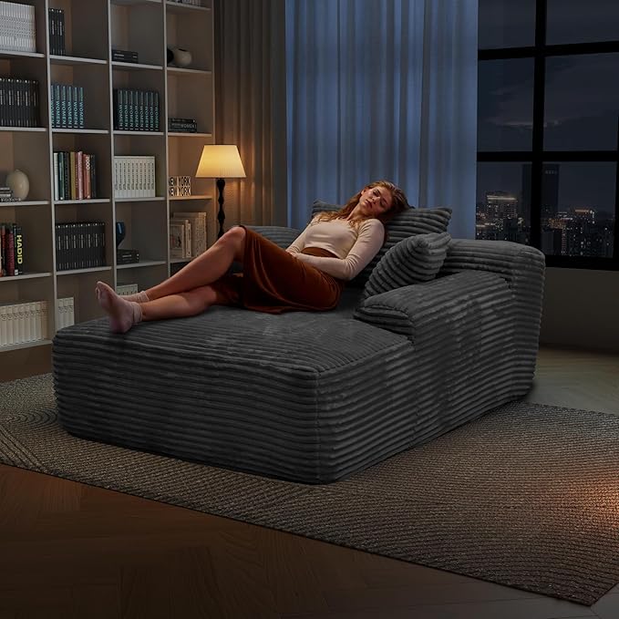 65'' Chaise Lounge Chair Indoor Grey Plush Corduroy Cloud Couch Fluffy Oversized Sofa Bed for Bedroom Living Room Comfy Boneless Reading Longue Chair Sleeper Sofa No Assembly