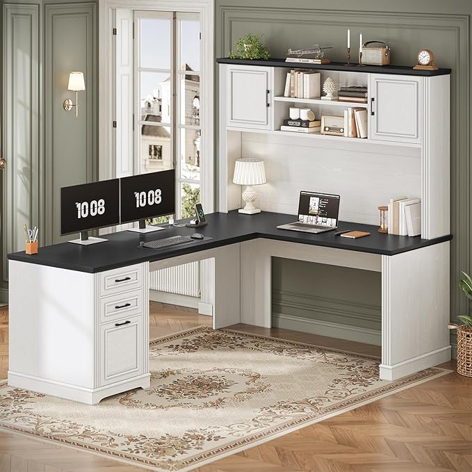 SEDETA Farmhouse L Shaped Desk with Hutch and 3 Drawers 68.9 Executive Office Desk with File Drawer and Power Outlet Corner Computer Desk with Storage Shelves for Home Office White