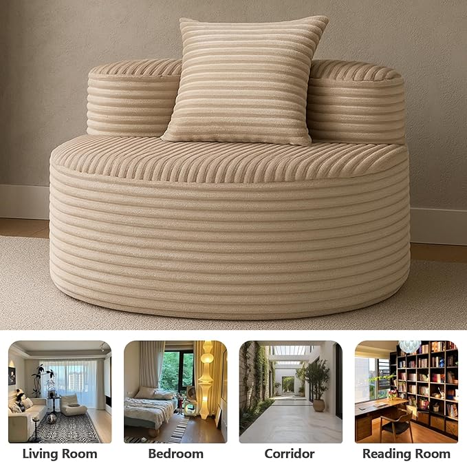 45 Oversized Round Chair Boneless Reading Chair with Comfy Pillow for Living Room Circle Cloud Chair for AdultsCorduroy Memory Foam Large Seat No Assembly Required (Beige)