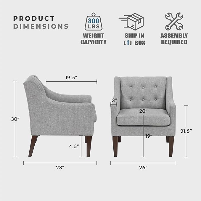 Lexicon Living Room Accent Chair Textured Fabric Upholstered Arm Chair with Button Tufted Back Sloped Arms and Wooden Legs Gray