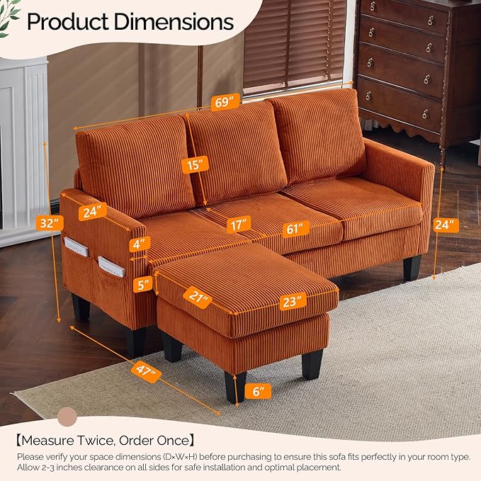 VINGLI 68.5' L Shaped Couch with Movable Storage Ottoman Convertible Sectional Sofa in Soft Corduroy Fabric Modern Reversible Chaise Couch for Small Spaces Apartment Living RoomOrange