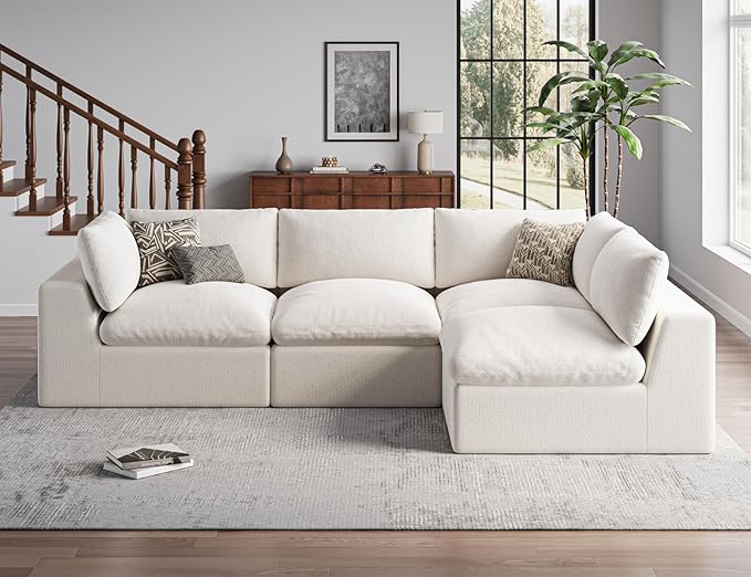 120 Cloud Sectional Couch | Oversize Boneless Couches for Living Room | 4 Seater Modern L-Shape Sofa | Ivory White