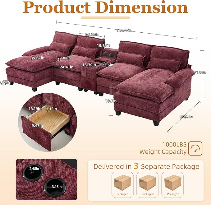 126 Modular Sectional Sofa with Storage Console Cloud Couch Chenille U-Shaped Sofa Cup Holders &amp Wireless Charger Memory Foam Double Chaise for Living Room Office Red