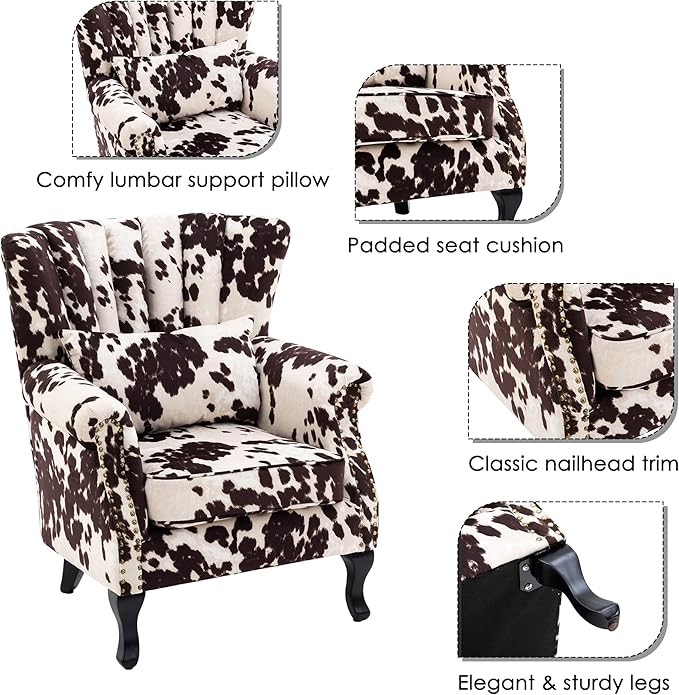 chairus Mid-Century Modern Accent Chair Comfy Single Sofa Chair Channel Back Armchair with Small Pillow for Living Roon Bedroom Club - Velvet Cow