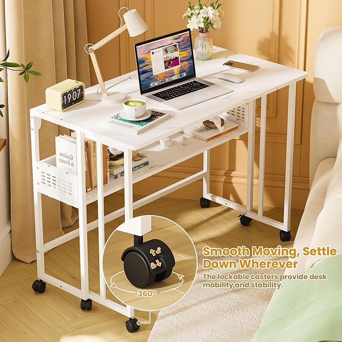 Gezen Folding Desk with Storage Shelf Mobile Couch Desk Sofa Side Table Bed for Home Office Small Space White Marble 31.5