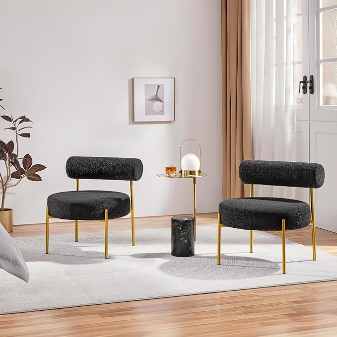 Yaheetech Boucle Vanity Chair Modern Tufted Accent Chair Cozy Sherpa Barrel Chair with Gold Legs Club Chair for Living Room Bedroom Makeup Room Home Office Black 2pcs
