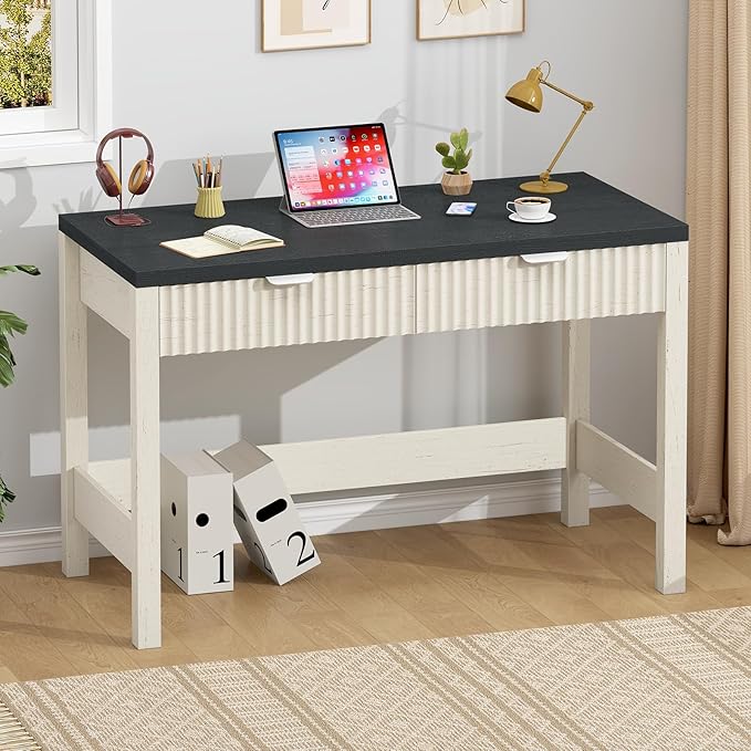 Fluted Computer Desk with 2 Drawers 39 Inch Small Computer Desk with Storage Compact Writing Study Desk for Small Spaces Black and White