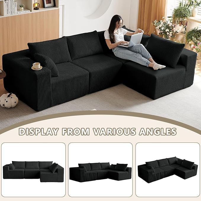 104” Modular Cloud Sectional Sofa Plush Corduroy Boneless Couch L-Shaped Sectional Deep Seat Sofas for Living Room Bedroom No Assembly Required Black