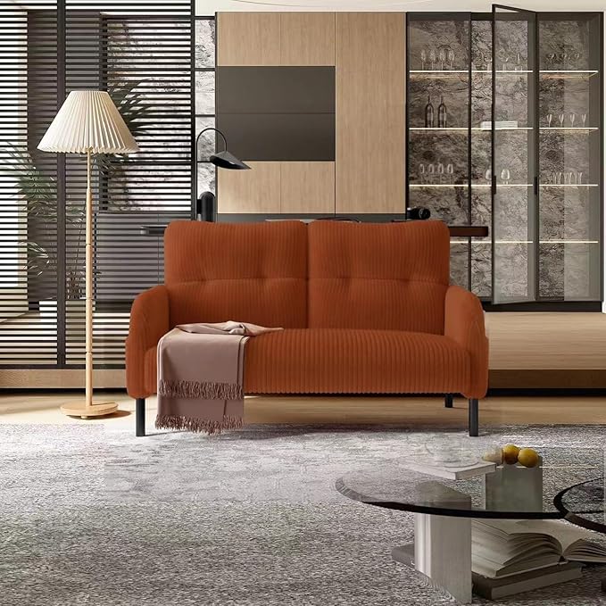 47'' Small Loveseat Sofa Comfy Corduroy Love Seat Couch for Small Spaces 2 Seater Sofa Office Couch with Solid Wood Legs for Living Room Bedroom Apartment (Orange)