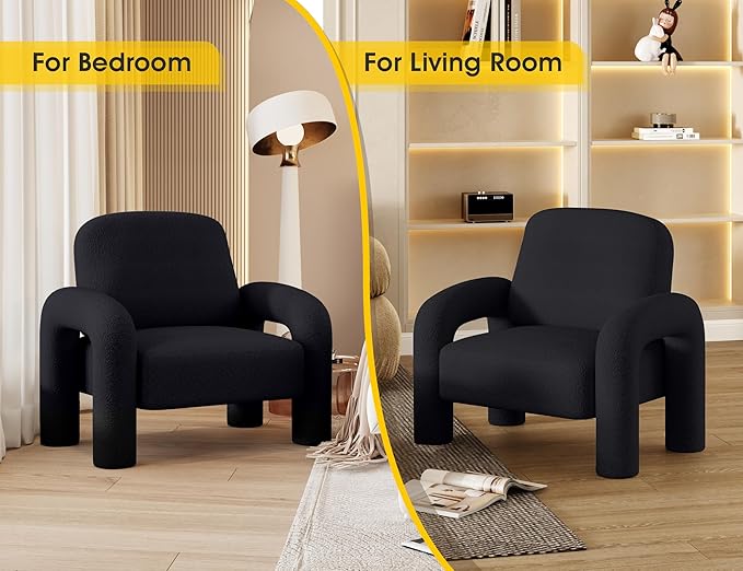 Modern Sherpa Accent Chair Teddy Upholstered Arm Single Sofa Cozy Fluffy Reading Chair for Living Room Bedrooms Corner (Black)
