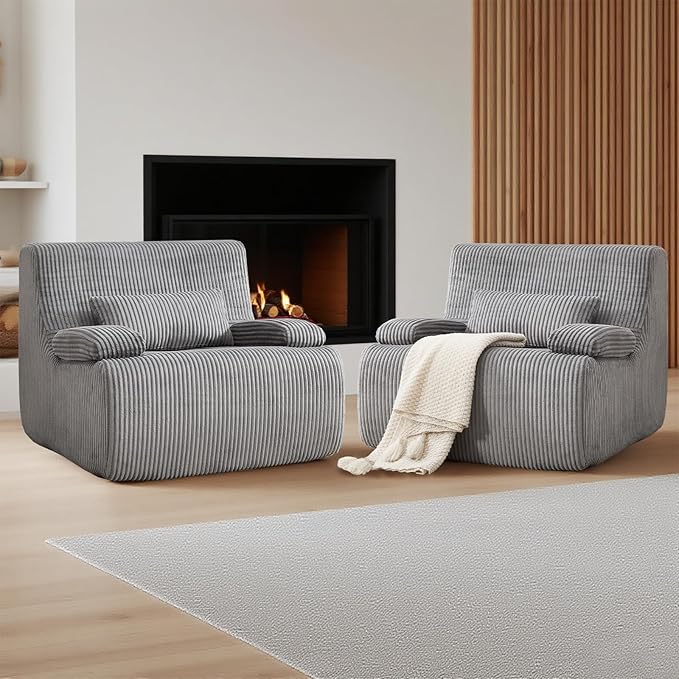 Boneless Chair for Small SpaceCorduroy Cloud Chair Foam Couch with Wide ArmrestFluffy Comfy Reading Single Sofa Chairs for Living Room Bedroom Apartment (Grey)