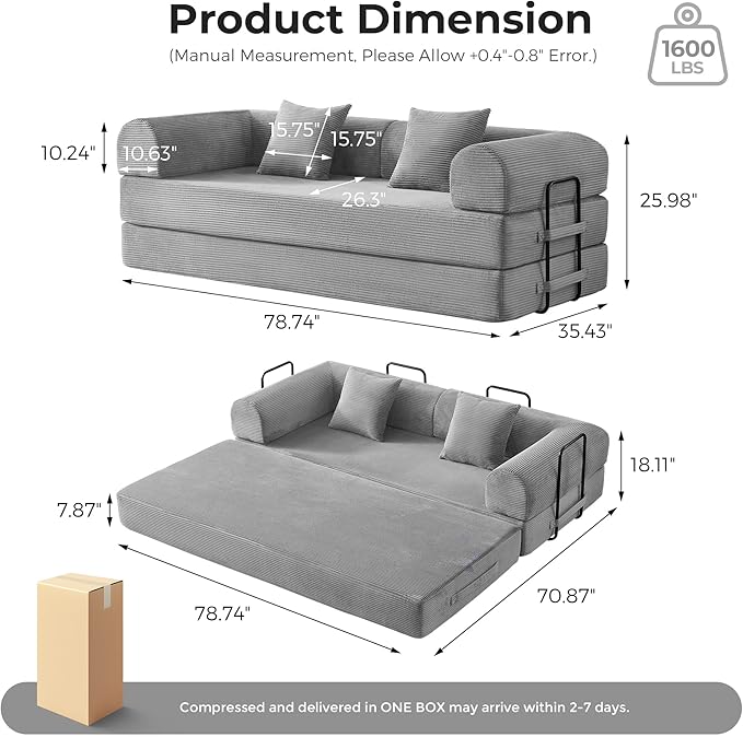 Modern 5-in-1 Convertible Sleeper | 79 Modular Sofa with Reinforced Steel Cross-Bracing Frame Sturdy Structure | High-Density Foam &amp Corduroy for Living Room Office (Light Grey)