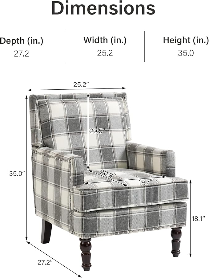 Vintage Upholstered Mid Century Accent Armchair with Solid Wood Frame &amp Plush Cushion for Living Room Bedroom Office - Antique Grey Checkered