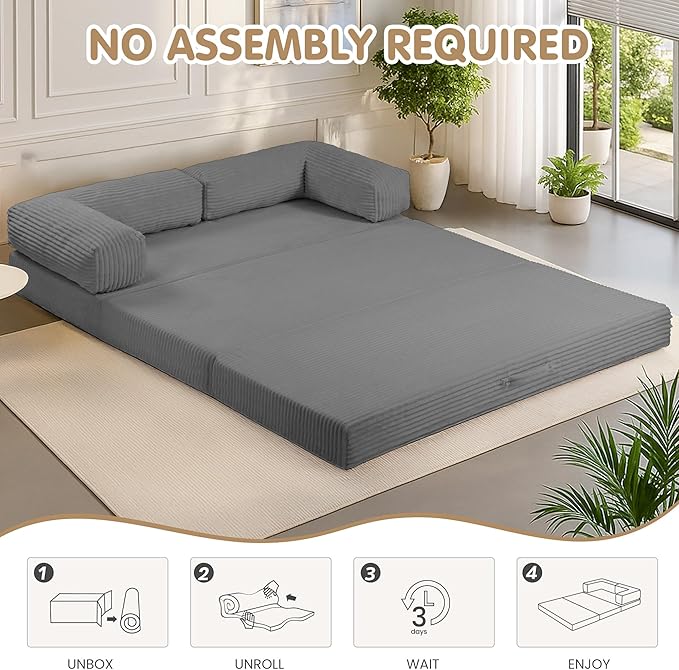 5-in-1 Convertible Sofa Bed76 Boneless Couch Tri Folding Floor Mattress with Removable L-Shaped Armrests &amp HandleCorduroy Futon Couch Sleeper with Pull Out Bed for Living Room Bedroom Apartment